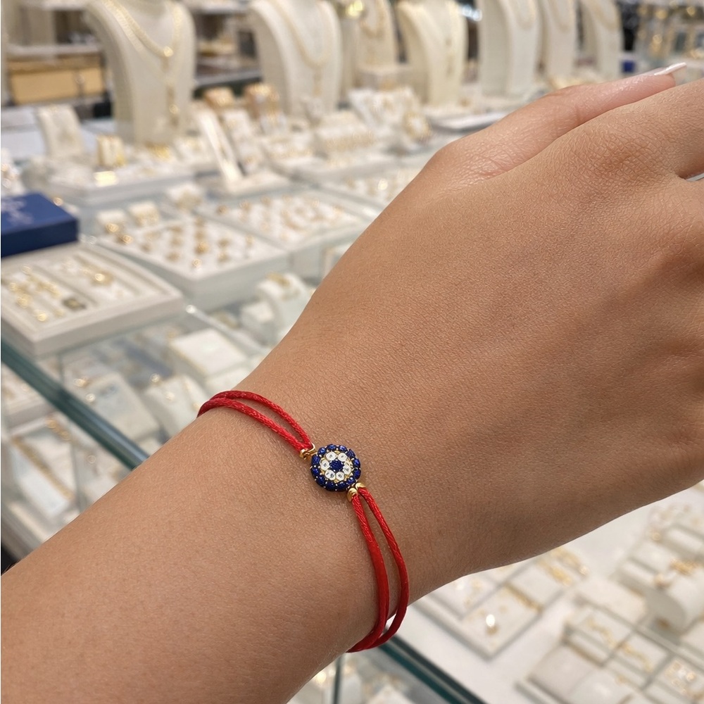 Sydney Evan Classic Evil Eye Bracelet - Gold Diamond & Sapphire on Red Silk Cord